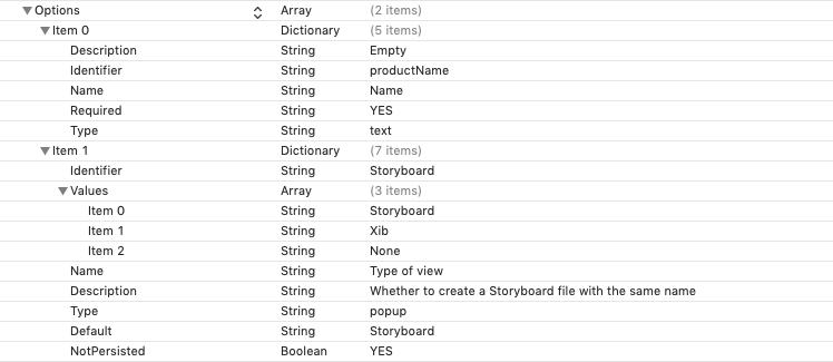 Xcode Template Configuration array of options
