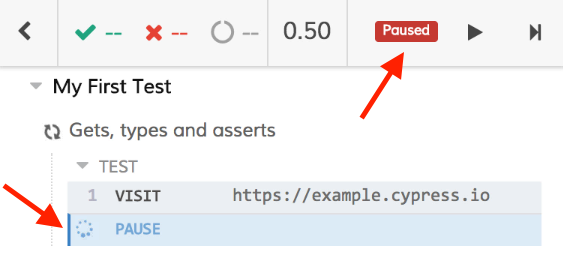 Pause test special command for debugging