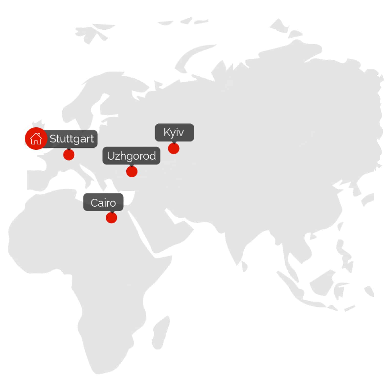 Eine Karte mit den Entwicklungsstandorten und IT Hubs von sceel.io. Deutschland, Ukraine und Ägypten.